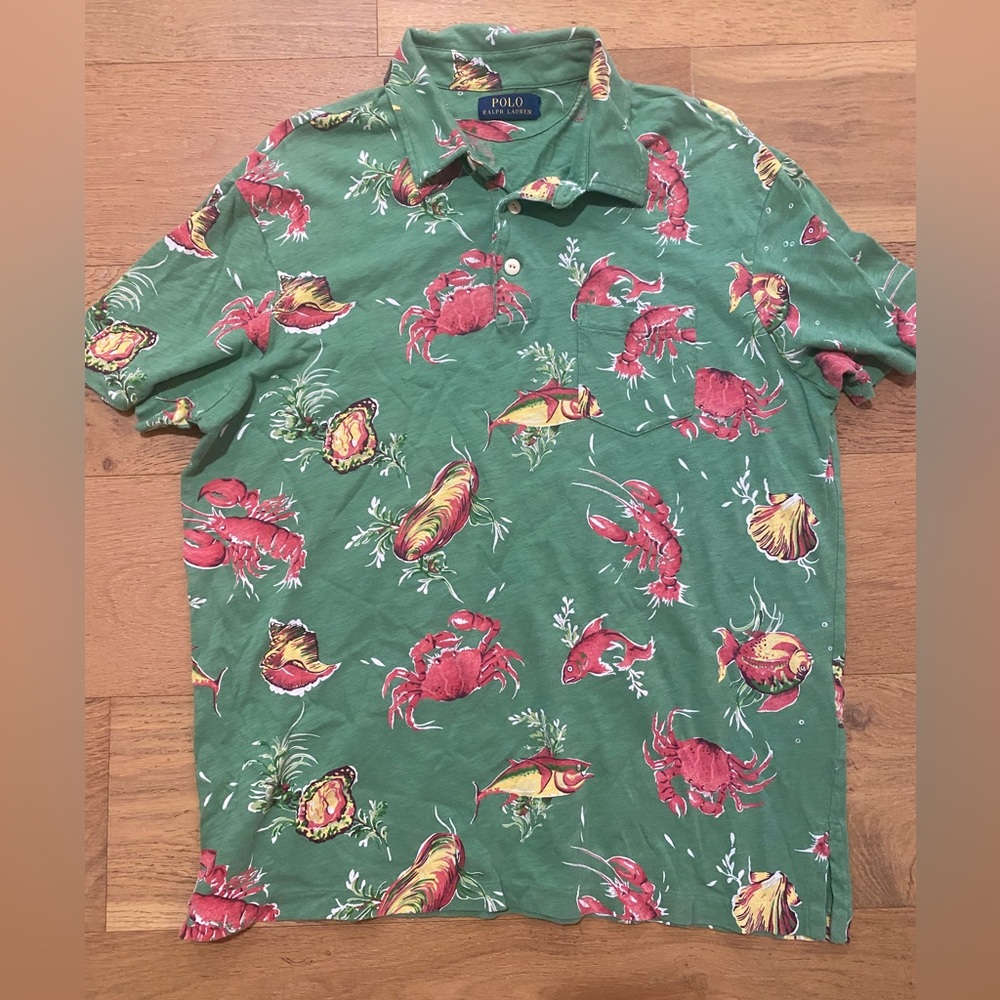 Ralph Lauren Men's Green and Red Seafood Print Polo size M GUC